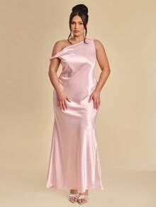 SHEIN BAE Plus Size Women's Elegant Dusty Pink Satin Maxi Dress,Summer One Shoulder Silk Look Chic Wedding Ninang Cocktail Party Outfits Curve Special Events - Pink - View 5