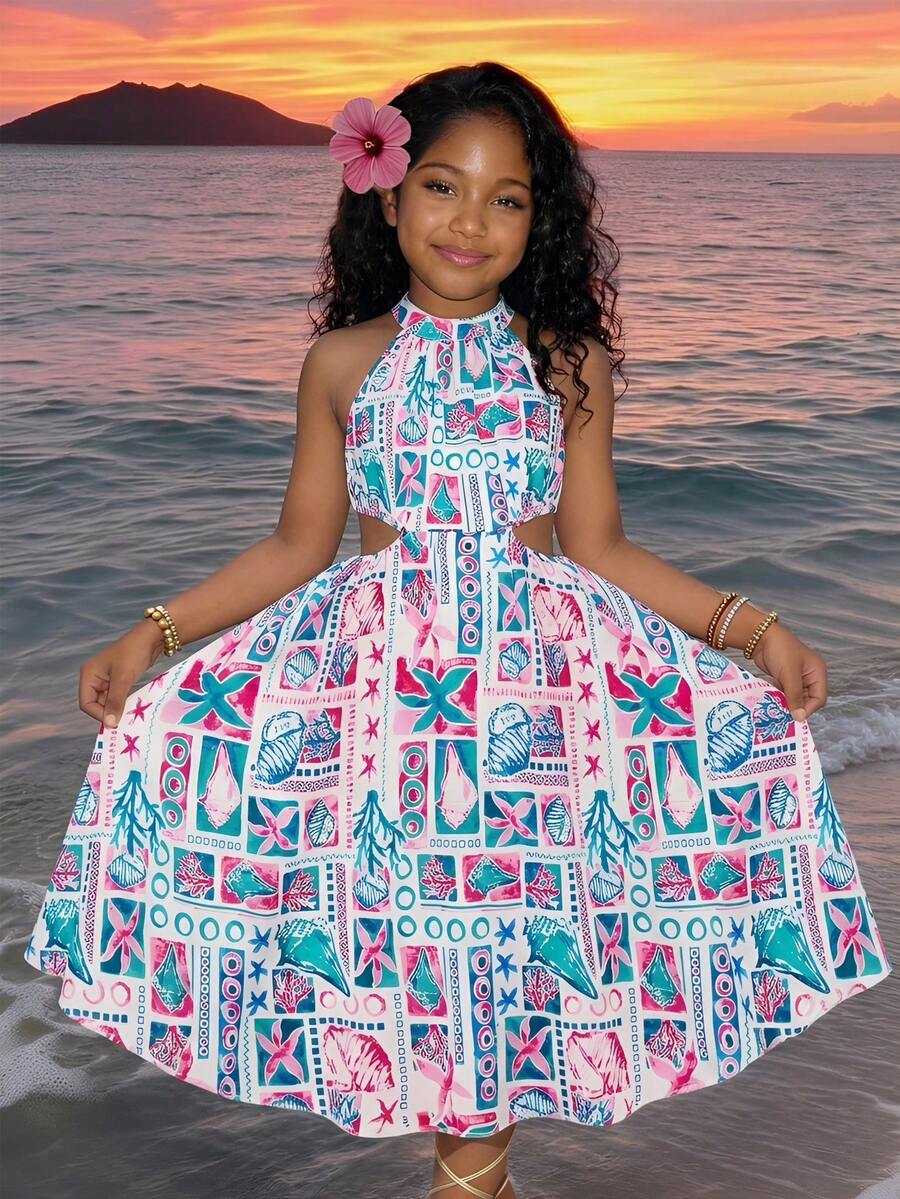 SHEIN Đầm không tay cổ yếm khoét eo họa tiết retro cho bé gái tuổi teen, thích hợp cho kỳ nghỉ hè ở bãi biển. - Nhiều màu - Xem 1