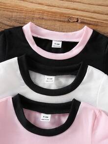 SHEIN 3套/6件女嬰夏季套裝包，可愛蝴蝶結刺繡上衣配對比色滾邊圓領與配套短褲套裝，超柔軟輕盈透氣面料，簡約甜美休閒風，適合0-3歲，日常穿著、遊戲約會與度假的百搭套裝 - 彩色 - 查看 4