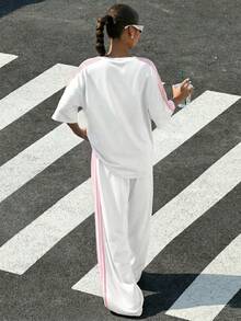 Muchica Conjunto informal de 2 piezas con tirantes trenzados vintage marrón y diseño de parches para mujer, nuevo para el verano - Blanco - Ver 2