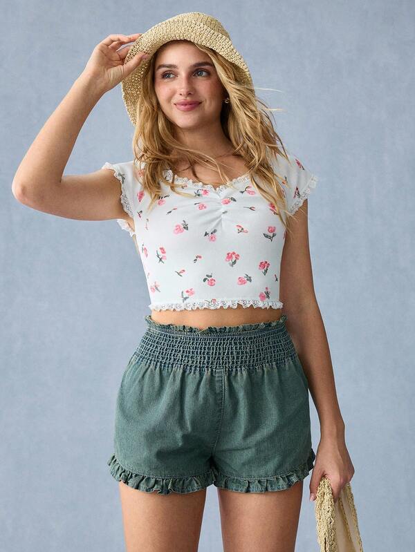 WESTFADE Short de burbuja de mezclilla con cintura smock para mujer