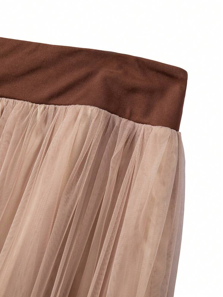 GlowEve CURVE Plus Size Women Elegant Mesh Patchwork Button Decor Casual Commuter Skirt, Autumn Women's Clothing, Club Party Elegant Maxi - Brown - View 8