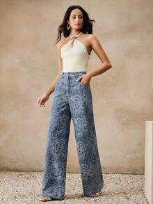 Anewsta Pantalones vaqueros de estilo de vacaciones de tela jacquard para mujer en color azul - Azul - Ver 5
