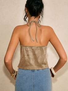 Poéselle Áo croptop nữ màu trơn cổ yếm không tay hở lưng, trang trí tua rua và đinh tán. - màu nâu - Xem 7