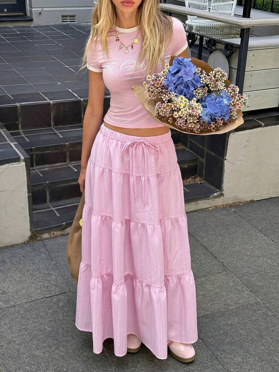 MainGRL 浅粉色女士简约日常纹理伞裙 - 淺粉色 - 查看 1