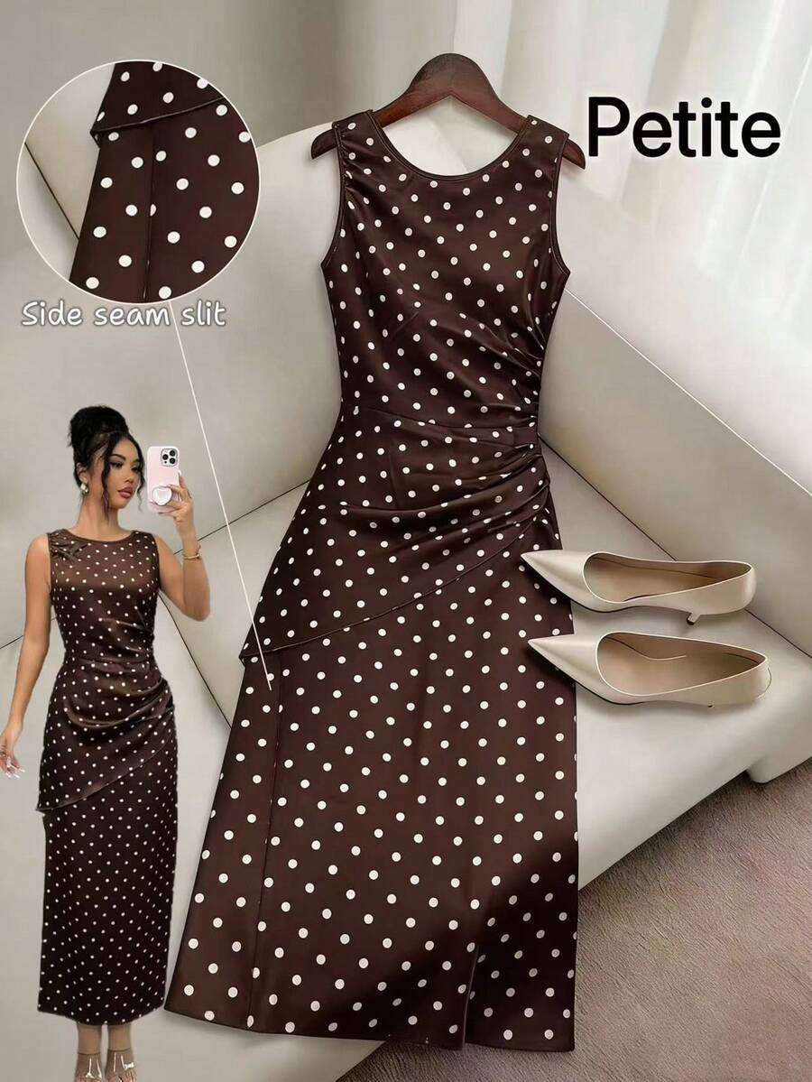 SHEIN PETITE Đầm midi không tay màu nâu chấm bi kiểu Pháp cổ điển, thiết kế xếp ly ở eo, thanh lịch và tôn dáng. - màu nâu - Xem 1