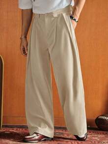 SWAVVY 男士纯色褶裥阔腿宽松休闲西装裤 - 卡其色 - 查看 4