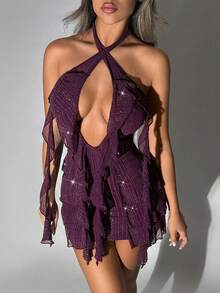 SHEIN ICON Vestido mini de fiesta de cita de moda con cuello de volantes de unicolor para mujer - Morado - Ver 1