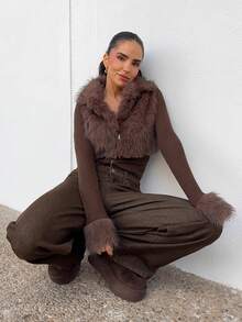 Marta Soriano Chaqueta de estilo callejero de moda con mangas largas y cremallera de piel sintética para mujeres - Marrón - Ver 5