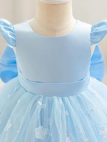 SHEIN Glamorique Kids Đầm công chúa cho bé gái sơ sinh và trẻ nhỏ, đầm dự tiệc, đầm sinh nhật, đầm cưới, tay ngắn, nơ lớn phía sau, đầm lưới thêu, hoa 3D, kiểu dáng Châu Âu và Mỹ. - Màu xanh lam - Xem 6