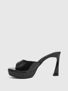 CUCCOO SZL 女士高跟鞋，漆皮亮面厚底凉鞋，鱼嘴式露趾凉鞋，性感派对约会拖鞋 - 黑色 - 查看 4