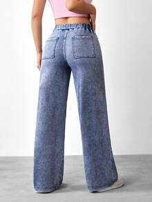 Flexra 女士松紧腰带口袋宽松休闲阔腿牛仔裤 - 藍色 - 查看 2