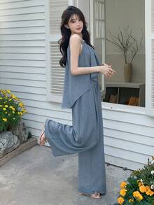 DAZY Bộ 2 món áo hai dây kiểu Hàn Quốc và quần ống rộng dành cho nữ. - Màu xanh lam - Xem 5