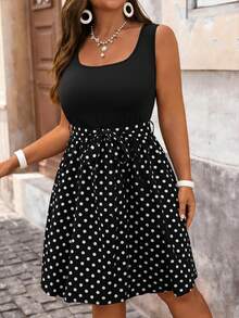 SHEIN VCAY 母亲节加大码女式休闲度假黑白波点拼接连衣裙，夏季女装，乡村风女装，锐舞派对夏季女装，沙滩裙，波西米亚风 - 黑色 - 查看 5