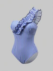 Swim Oasis Women's Vacation Ruffled One-Piece Swimsuit With Matching Cover-Up Skirt - Blue and White - View 4