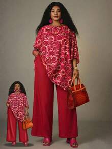 EMERY ROSE 大码女式印花上衣和阔腿裤休闲两件套，适合女士度假、夏季穿着，也适合夏季穿着，包括春季服装、沙滩装、乡村风等。 - 紅色 - 查看 7