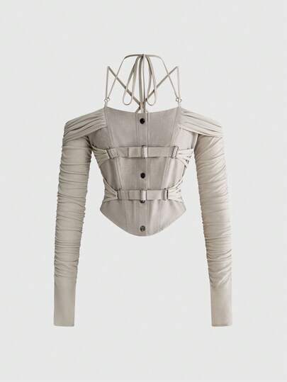 ملابس علوية كتف مكشوف مطوية بحمالات مفككة