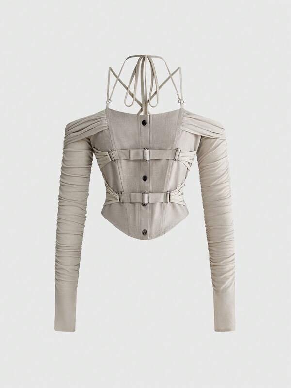 ROMWE 解构式系带褶皱露肩上衣