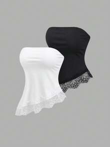 Sweetra Bộ đồ 2 món thời trang xuân/hè dành cho nữ, gồm áo hai dây không dây vai, vạt bất đối xứng, viền ren, kiểu dáng tối giản, thanh lịch cho công sở và mặc hàng ngày, thích hợp cho cả đi làm và sinh hoạt thường ngày. - Đen và trắng - Xem 3