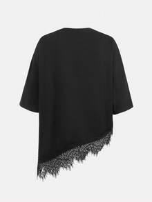 Teen Girls' Kids Casual Solid Black Lace Patchwork Asymmetrical Hem Loose Short Sleeve T-Shirt, Spring/Summer Black Top - Black - View 2