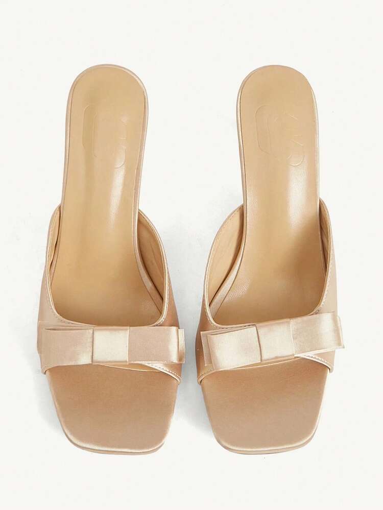 CUCCOO CHICEST French Pink Satin Bow High Heel Slippers Women's Summer Wear Square Heel Sandals Wedding Shoes