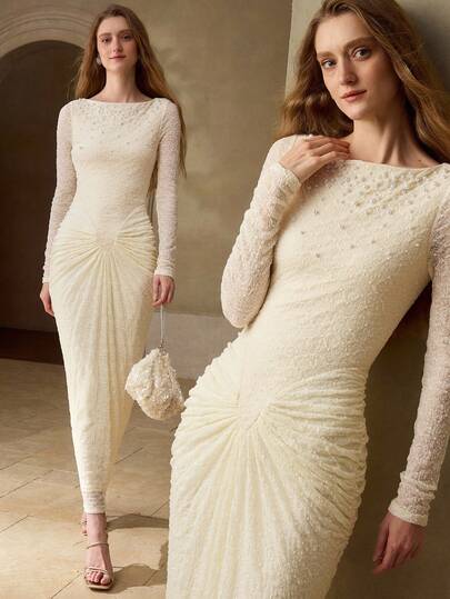 MOTF PREMIUM فستان أنيق مصمم بتركيبة مضغوطة من نسيج جاكار مرن للنساء، ربيع/صيف