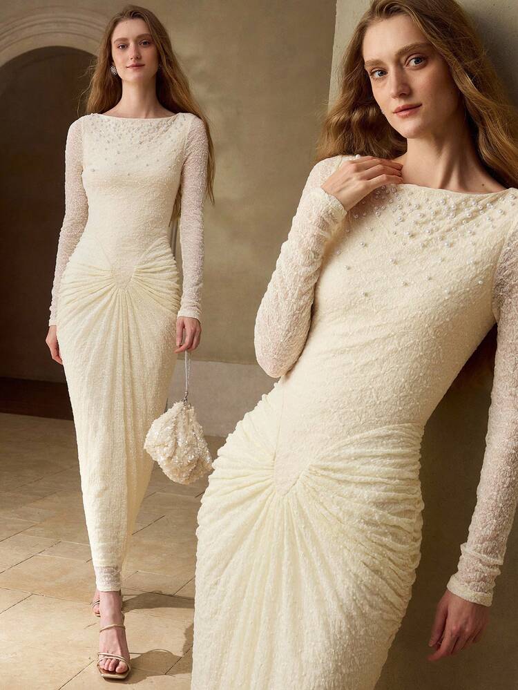 WOMEN'S ELASTIC JACQUARD STRUCTURED DESIGN FITTED ELEGANT DRESS, SPRING/SUMMER