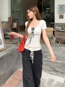 DAZY Women's Oversized Scoop Neck Short Sleeve Tie Front T-Shirt - White - View 4