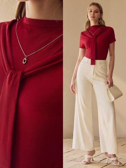 SHEIN X Scot Louie MOTF PREMIUM BLUSA DE MUJER CON MANGA CORTA Y NUDO DELANTERO