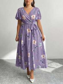 Firerie Plus Size V-Neck Loose Fit Tie-Waist Slit Printed Summer Vacation Dress For Women - Mauve Purple - View 5