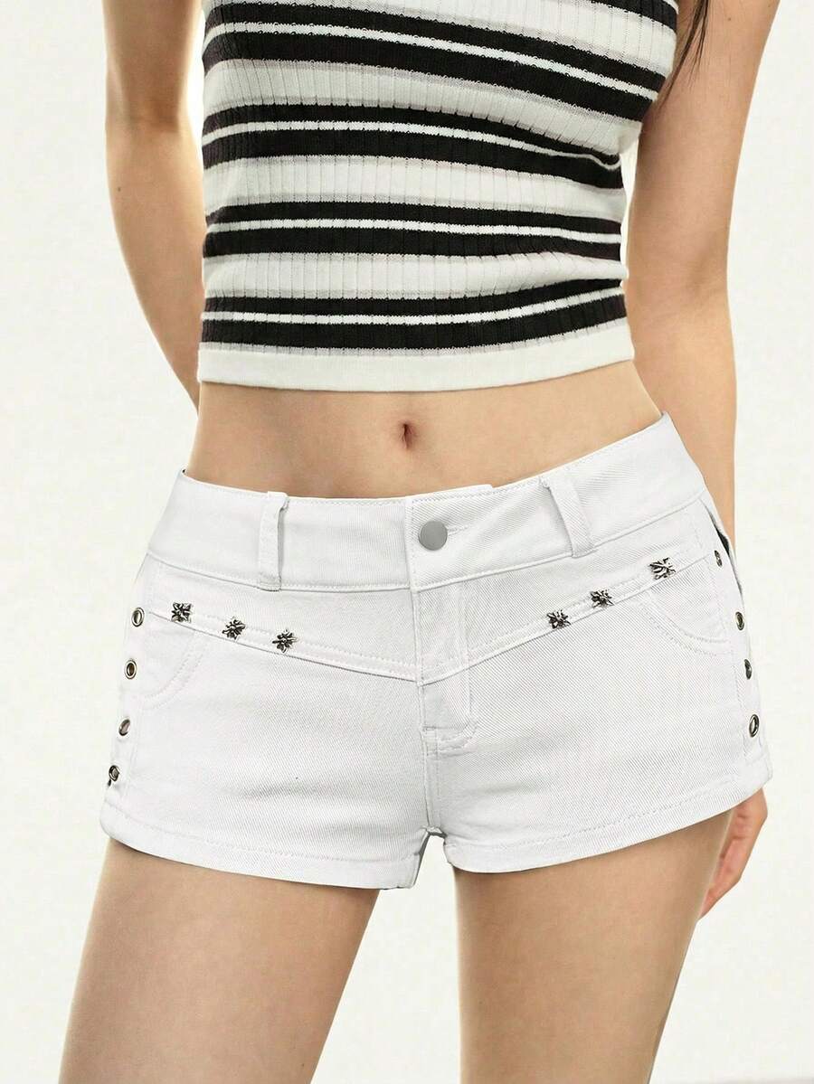 Rina Fox Quần short denim nữ có khoen kim loại, thích hợp cho mùa hè. - trắng - Xem 1