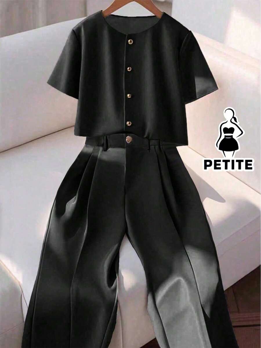 Franclia Petite 2 件套女士时尚优雅圆领短袖衬衫和休闲裤套装 - 黑色 - 查看 1