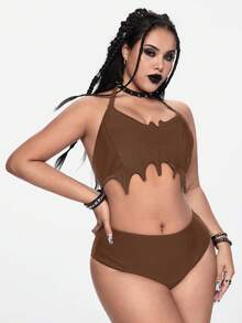 ROMWE Goth Conjunto de bikini de talla grande para mujer con diseño de murciélago gótico, tirantes ajustables, unicolor, espalda descubierta y nudo delantero, para el verano - Marrón - Ver 4