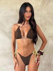 Opulessa 女士夏季沙滩波点吊带金属装饰性感比基尼和三角泳裤套装 - 彩色 - 查看 4
