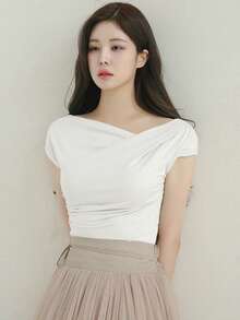 DAZY Solid Colored Asymmetrical Collar Pleated Slim Fit Short Sleeve T-Shirt Preppy Tops - White - View 3