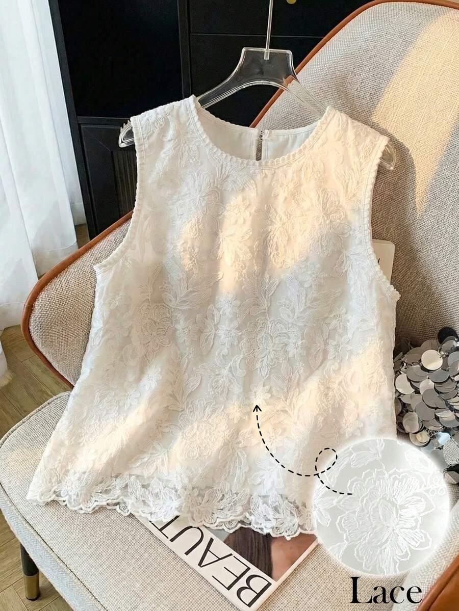 GlowEve 女士休闲波西米亚佩斯利花纹无袖刺绣镂空花卉简约纯色衬衫，适合约会和日常百搭穿着，春夏款 - 白色 - 查看 1