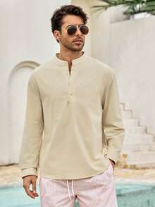 Mercer Haus Camisa henley de manga enrollada con patrón de moneda retro y vintage para hombres - Ligera, transpirable y versátil para uso casual en todas las estaciones - Caqui - Ver 5