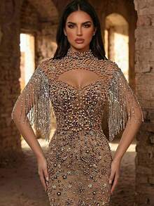 Glamrae Chân váy đuôi cá bằng vải lưới thêu đính sequin và tua rua sang trọng, thanh lịch, thích hợp cho đám cưới, tiệc tùng, ngày lễ, sự kiện trang trọng (trang trí cầu kỳ). - màu nâu - Xem 2