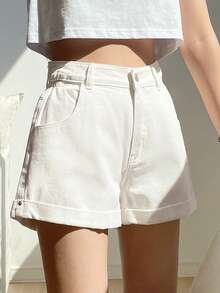 Dazy Tall Quần short denim nữ cạp chun họa tiết nụ hoa, kiểu dáng thường ngày. - trắng - Xem 1