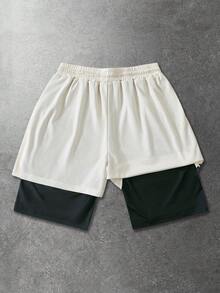 ROMWE MEN Anime Men's Gothic Print 2 In 1 Sports Shorts, Suitable For Everyday Wear In Spring And Summer - Khaki - View 3