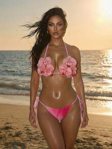 Swim SXY 2件套新款渐变三角比基尼，饰有3D立体花卉图案，挂脖式性感优雅奢华泳衣，适合海滩、泳池、派对、圣诞节等场合，女士款 - 彩色 - 查看 3