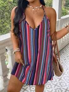 SHEIN VCAY Đầm đi biển cỡ lớn, in họa tiết sọc, cổ chữ V, kiểu yếm, hở lưng. - Nhiều màu - Xem 1