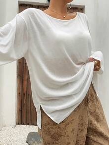 Dazy Plus Atasan Tunik Longgar Model Batwing Ukuran Plus dengan Belahan di Bagian Bahu, Gaya Liburan, Wanita Ukuran Plus, Putih, Musim Semi/Panas - Putih - View 1