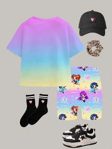 SHEIN 两件套：亮紫色韩流卡通少女肖像休闲简约圆领短袖T恤和喇叭裤，适合日常穿着 - 彩色 - 查看 2