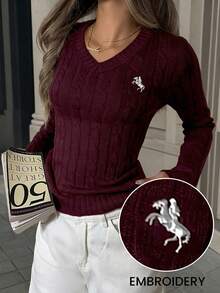 CovetEZ Áo len dài tay đơn giản cổ chữ V màu đỏ tía mùa đông cho nữ, trang phục thường ngày, áo dài tay, áo thun đi học mùa thu đông, áo len Giáng sinh - Màu Đỏ Sâu - Xem 1