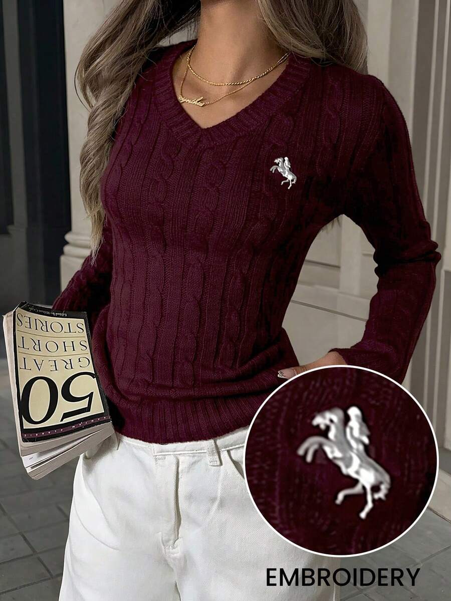 CovetEZ Áo len dài tay đơn giản cổ chữ V màu đỏ tía mùa đông cho nữ, trang phục thường ngày, áo dài tay, áo thun đi học mùa thu đông, áo len Giáng sinh - Màu Đỏ Sâu - Xem 1