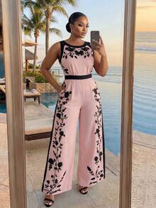 SHEIN Lady CURVE Plus Size Women Floral Print Backless Sleeveless Wide Leg Jumpsuit - Pink - View 3
