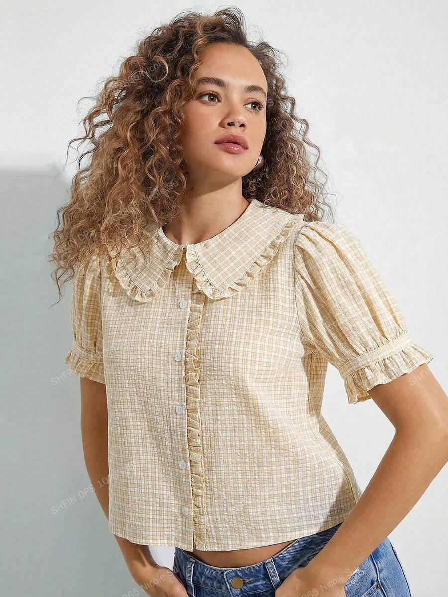WESTFADE Áo sơ mi tay phồng cổ bèo ngắn cài cúc, kiểu dáng thường ngày dễ thương, phong cách Boho, thích hợp cho mùa thu, đông, hoặc trang phục phương Tây dành cho nữ. - Màu vàng - Xem 1