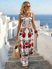 SHEIN Holidaya Đầm nữ mới cổ vuông, dây bản rộng, hở lưng, thắt nơ ở eo, xếp lớp, dáng xòe. - Nhiều màu - Xem 3