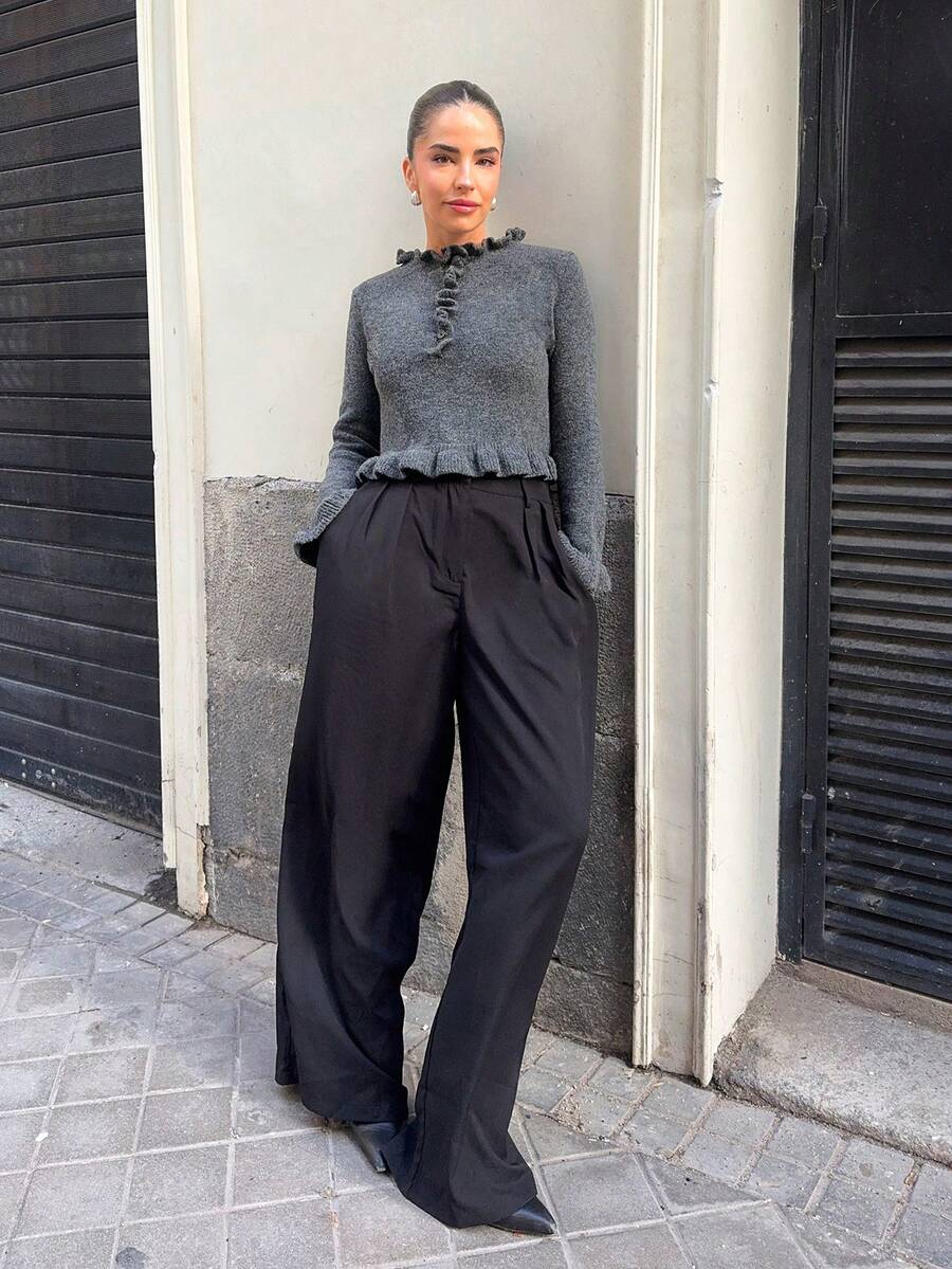 Marta Soriano 分层荷叶边下摆针织开衫，时尚甜美，百搭套头毛衣 - 灰色 - 查看 1